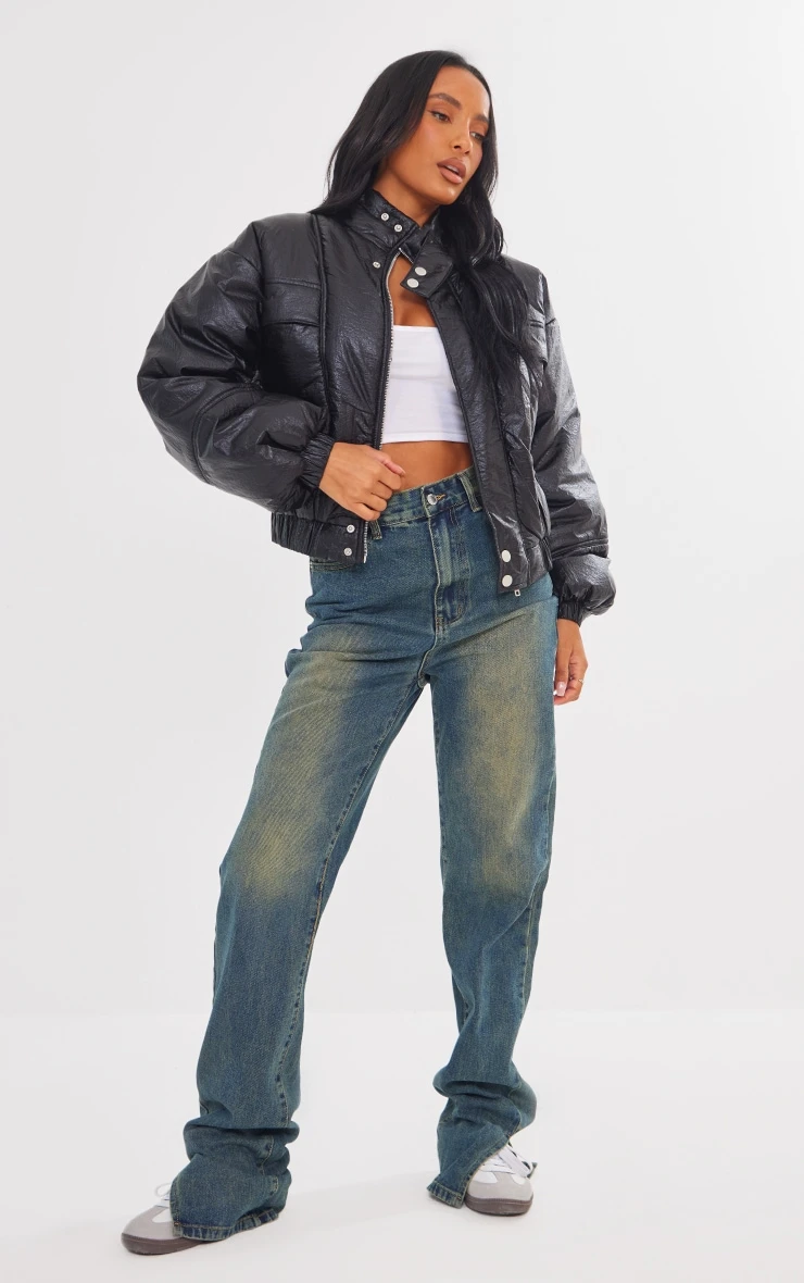 Prettylittlething Black Crinkle Look High Shine Puffer Jacket Black 1 Prettylittlething Black Crinkle Look High Shine Puffer Jacket Black