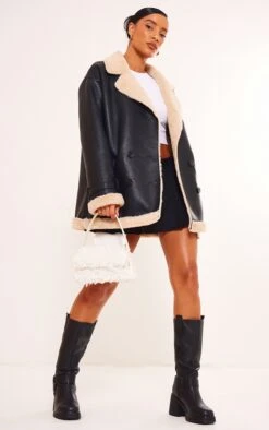 Prettylittlething Black Faux Fur Trim PU Vintage Style Coat Black