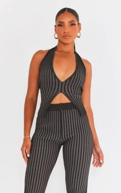Prettylittlething Black Two Tone Knit Halter Neck Split Top Black