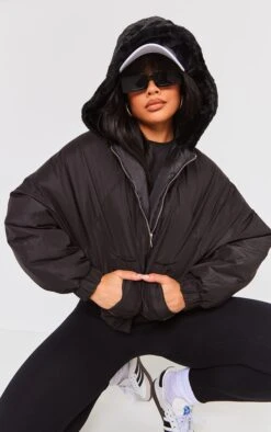 Prettylittlething Black Faux Fur Oversized Bomber Black