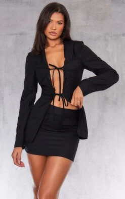 Prettylittlething Black Tailored Woven Tie Front Longline Blazer Black