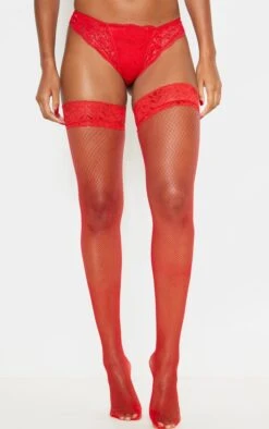 Prettylittlething Red Lace Top Fishnet Hold Up Stockings Red