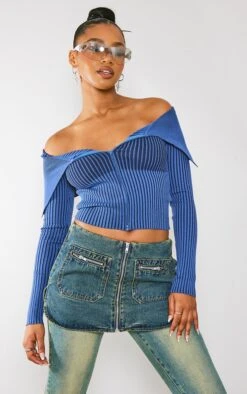 Prettylittlething Navy Two Tone Rib Foldover Zip Jacket Navy