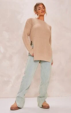 Prettylittlething Stone Round Neck Side Split Jumper Stone