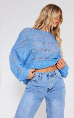 Prettylittlething Cornflower Blue Open Knit Slouchy Sweater Cornflower Blue