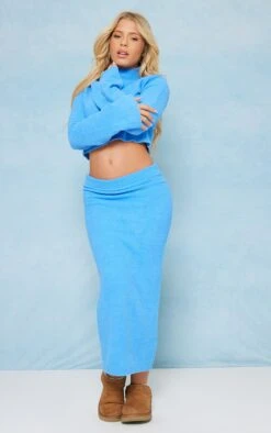 Prettylittlething Blue Towel Knit Super Soft Crop Sweater Blue