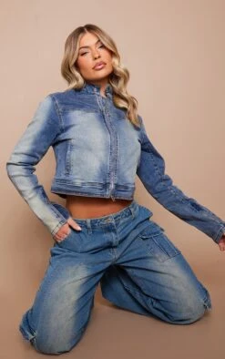 Prettylittlething Mid Blue Wash Faded Motocross Jacket Mid Blue Wash