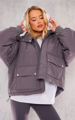Prettylittlething Charcoal Hooded Pocket Detail Puffer Jacket Charcoal