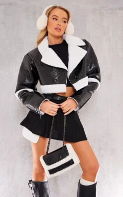 Prettylittlething Black Vinyl Borg Cropped Coat Black