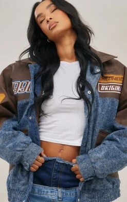 Prettylittlething Mid Blue Wash Denim Faux Leather Mix Badge Detail Bomber Jacket Mid Blue Wash -Prettylittlething 2ecd6d4db2a06ceadd1b8ca3cad9faa591ef0bdf cnf4304 4