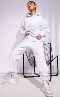 Prettylittlething Premium Heather Grey Sports Academy Puff Print Oversized Sweatpants Grey