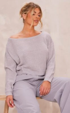 Prettylittlething Grey Off The Shoulder Knitted Jumper Grey