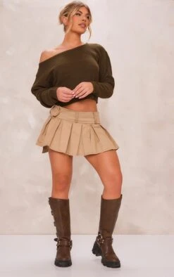 Prettylittlething Khaki Off The Shoulder Knitted Jumper Khaki