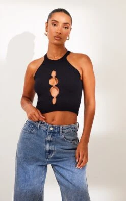 Prettylittlething Black Knit Racer Neck O Ring Crop Top Black