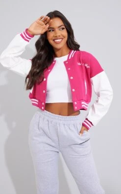 Prettylittlething Hot Pink Varsity Contrast Sleeve Graphic Bomber Jacket Hot Pink