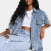 PRETTYLITTLETHING Acid Wash Oversized Boyfriend Pocket Detail Denim Jacket Acid Blue Wash
