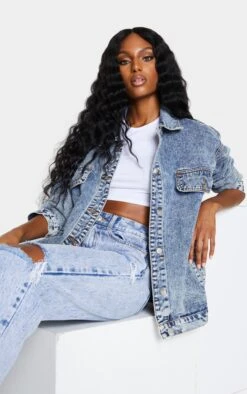 PRETTYLITTLETHING Acid Wash Oversized Boyfriend Pocket Detail Denim Jacket Acid Blue Wash