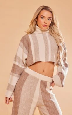 Prettylittlething Oatmeal Stripe Color Block Knit Roll Neck Sweater Oatmeal