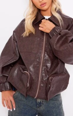 Prettylittlething Brown Textured Look Faux Leather Pocket Front Bomber Jacket Brown -Prettylittlething 345874a4c6cb4fc2a5094067cbbb620f552277d1 cnf7828 4