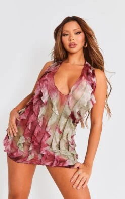 Prettylittlething Green Printed Textured Knit Ruffle Halterneck Bodycon Dress Green