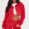 Prettylittlething Red With Contrast Stitch Crop Denim Jacket Red