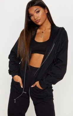 Prettylittlething Black Oversized Zip Up Plain Front Hoodie Black