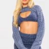Prettylittlething Blue Cable Knitted Denim Look Extreme Cropped Sleeves Blue