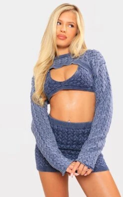 Prettylittlething Blue Cable Knitted Denim Look Extreme Cropped Sleeves Blue