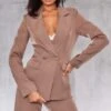 Prettylittlething Mocha Woven Pocket Detail Double Breasted Blazer Mocha