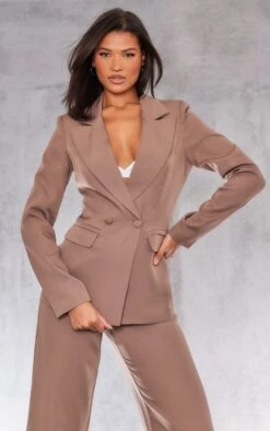 Prettylittlething Mocha Woven Pocket Detail Double Breasted Blazer Mocha