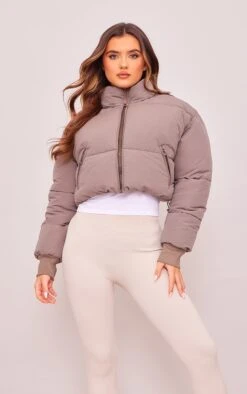 Prettylittlething Olive Ribbed Cuff Peach Skin Cropped Puffer Jacket Olive