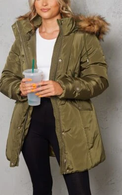 Prettylittlething Khaki Faux Fur Hooded Elasticated Waist Longline Parka Khaki -Prettylittlething 3757fad53c297b8c3e14a92bb24fd9ac562be8d0 cmy8683 4