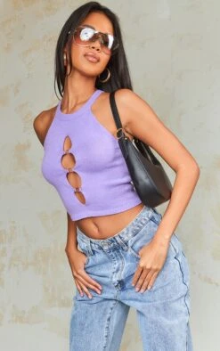 Prettylittlething Lilac Knit Racer Neck O Ring Crop Top Lilac