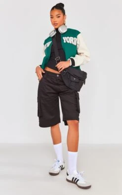 Prettylittlething Forest Green New York Graphic Varsity Jacket Forest Green