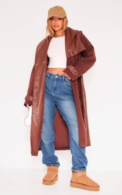 Prettylittlething Chocolate Contrast Faux Leather Wool Look Belted Trench Coat Chocolate