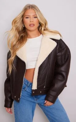 Prettylittlething Chocolate Borg Lined Biker Detail Aviator Jacket Chocolate