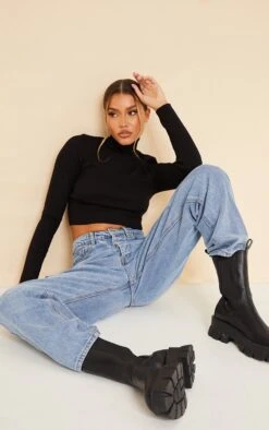 Prettylittlething Black Ribbed Knit Roll Neck Cropped Sweater Black