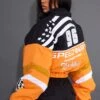 Prettylittlething Orange Cropped Oversized Graphic Zipped Racer Bomber Jacket Orange
