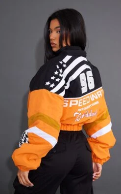 Prettylittlething Orange Cropped Oversized Graphic Zipped Racer Bomber Jacket Orange