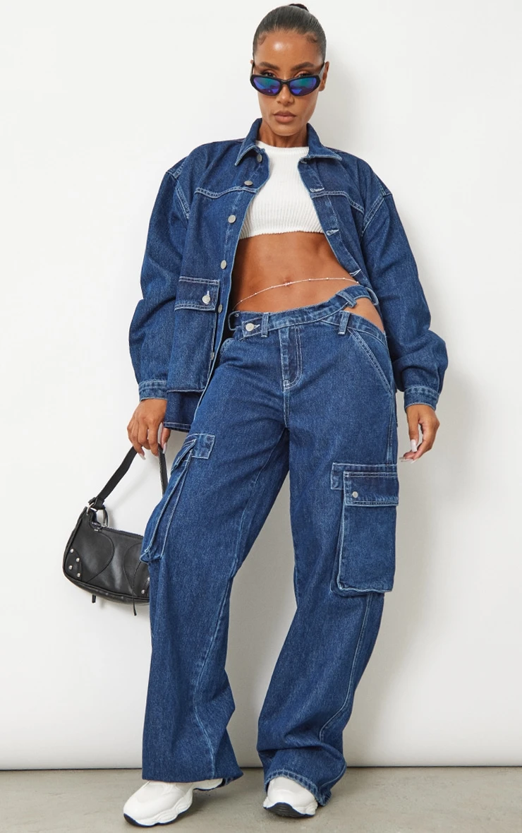 Prettylittlething Dark Blue Wash Oversized Button Up Pocket Detail Denim Shacket Dark Blue Wash 3 Prettylittlething Dark Blue Wash Oversized Button Up Pocket Detail Denim Shacket Dark Blue Wash - Image 3