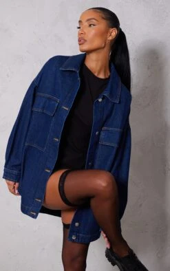 Prettylittlething Indigo Patch Pocket Oversized Denim Shirt Shacket Indigo
