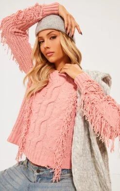 Prettylittlething Mauve Chenille Long Sleeve Cable Knit Pullover Sweatshirt Mauve