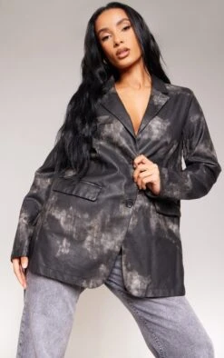Prettylittlething Black Washed PU Pocket Oversized Blazer Black