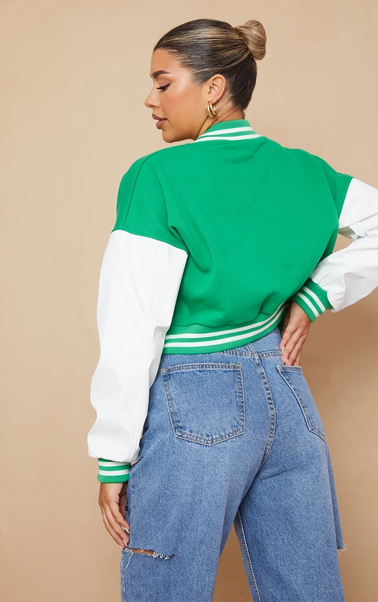 PRETTYLITTLETHING Green Varsity Graphic Contrast Sleeve Bomber Jacket Green 2 PRETTYLITTLETHING Green Varsity Graphic Contrast Sleeve Bomber Jacket Green - Image 2