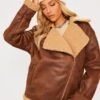 Prettylittlething Brown Borg Lined Oversized Buckle Collar Aviator Jacket Brown