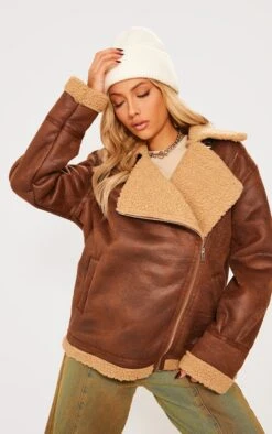 Prettylittlething Brown Borg Lined Oversized Buckle Collar Aviator Jacket Brown