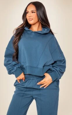 Prettylittlething Petrol Premium Panelled Boxy Hoodie Petrol