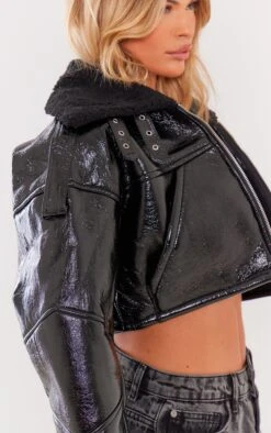 Prettylittlething Black Borg Lined Vinyl Cropped Jacket Black -Prettylittlething 4037db126b76f42faec336bee3cb112952990a86 cnf4921 4