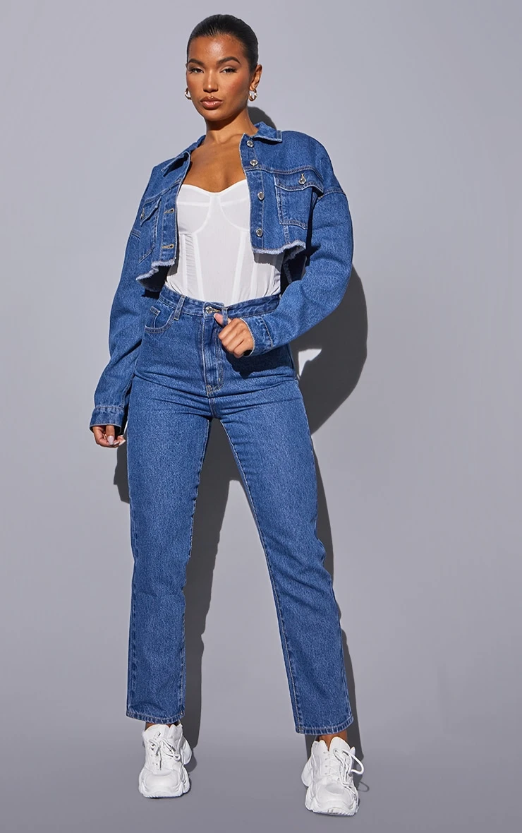 Prettylittlething Mid Blue Wash Basic Raw Edge Denim Jacket Mid Blue Wash 3 Prettylittlething Mid Blue Wash Basic Raw Edge Denim Jacket Mid Blue Wash - Image 3