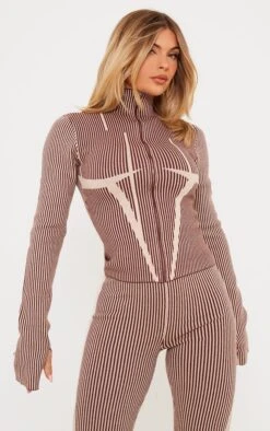 Prettylittlething Chocolate Two Tone High Neck Zip Up Knit Cardigan Chocolate